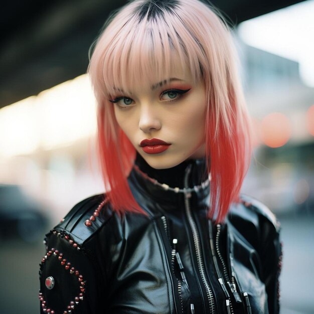 a woman with pink hair and a black jacket with a pink lip.