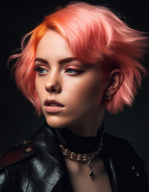 A woman with pink hair and a black leather jacket