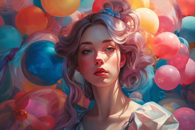 A woman with pink hair and a blue bow on her head is surrounded by balloons.