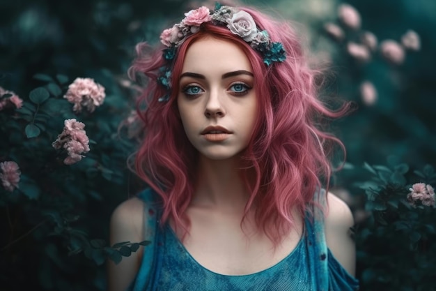 A woman with pink hair and blue eyes stands in a field of flowers.