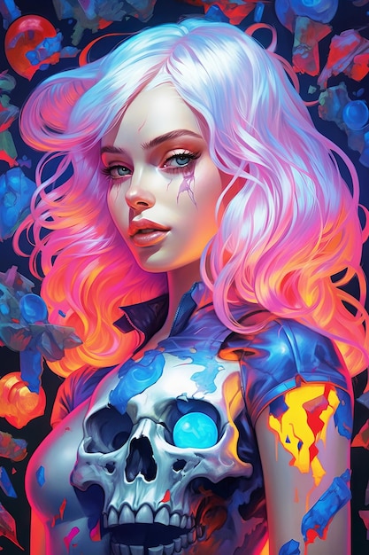 A woman with pink hair and a blue flower on her shirt is surrounded by skulls