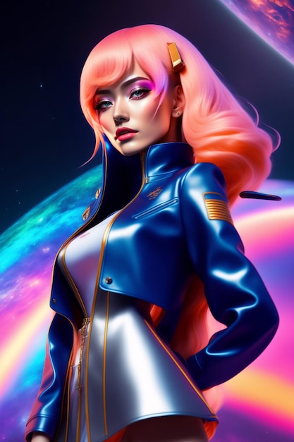 A woman with pink hair and a blue jacket stands in front of a colorful planet.