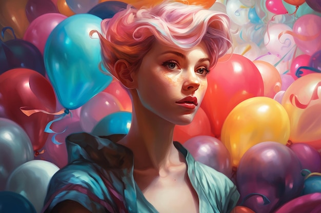 A woman with pink hair and a blue shirt stands in front of balloons.