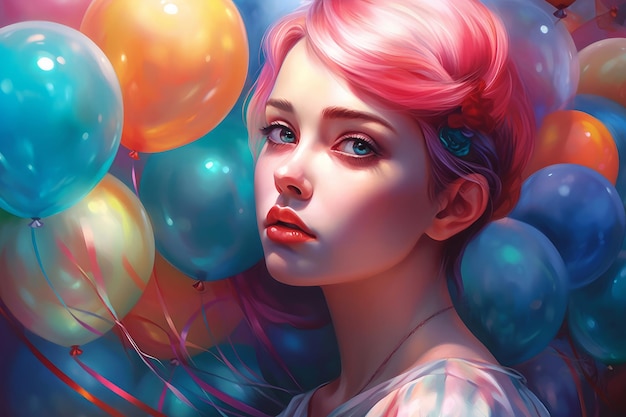 A woman with pink hair and a bunch of balloons