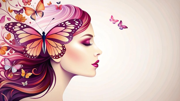 Photo a woman with pink hair and butterflies on her face