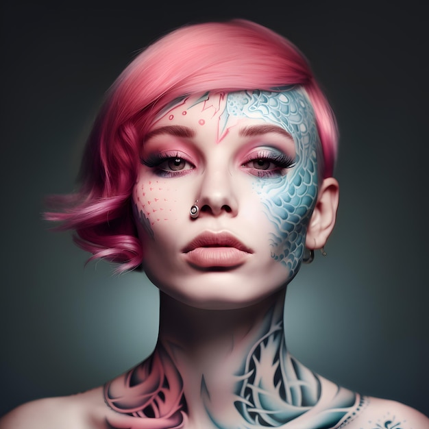 A woman with pink hair and a colorful tattoo on her face and neck