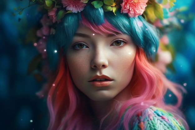 A woman with pink hair and a flower crown on her head