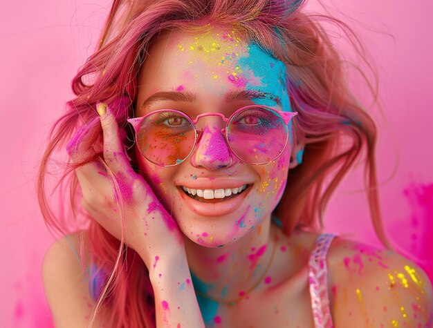 a woman with pink hair and glasses is covered in colorful powder