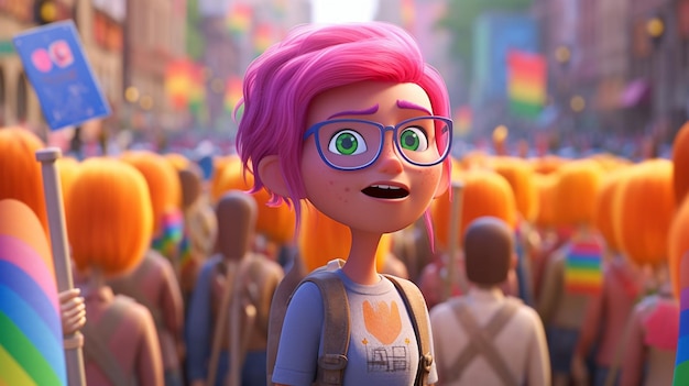 A woman with pink hair and glasses stands in a crowd of people with the word pride on the front.