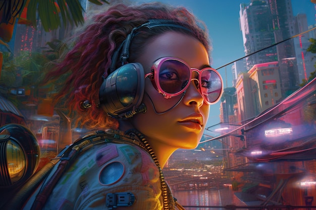 A woman with pink hair and glasses stands in front of a night cityscape.