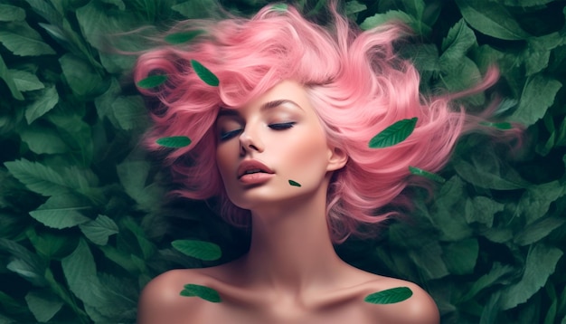 A woman with pink hair and green leaves on her head