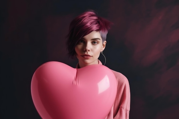 A woman with pink hair holding a heart shaped balloon generative AI