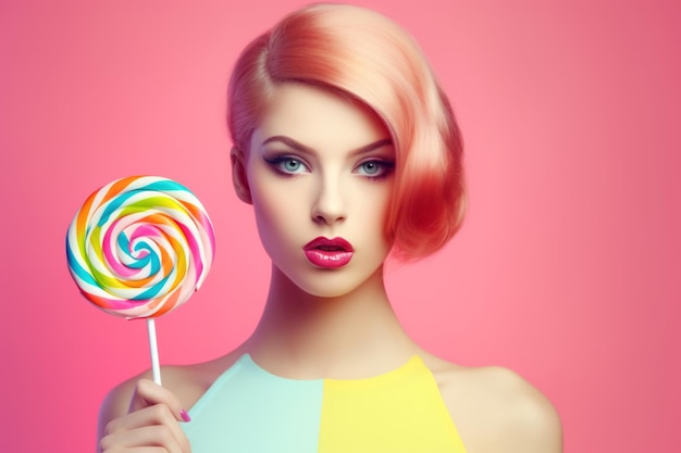 A woman with pink hair holds a lollipop in her hand.