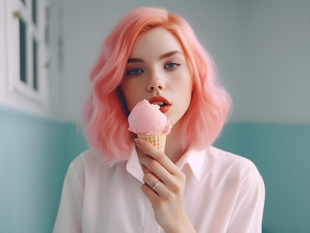 A woman with pink hair holds a pink ice cream cone in her hand.