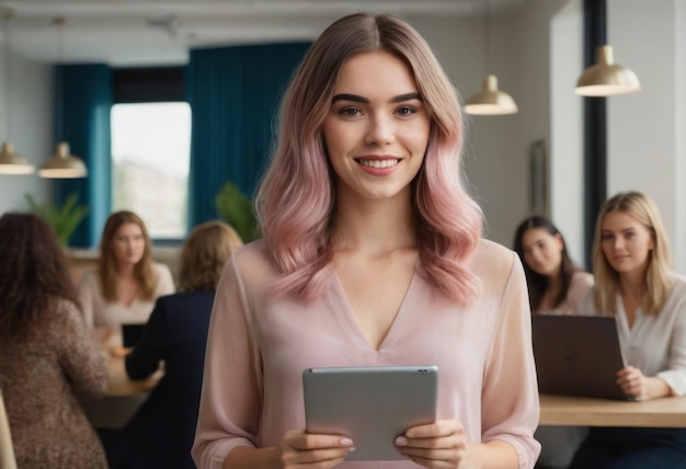 A woman with pink hair holds a tablet smiling in the office colleagues work in the background