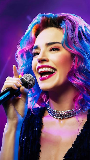 a woman with pink hair is singing into a microphone