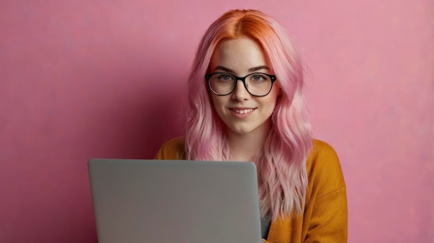 a woman with pink hair is using a laptop