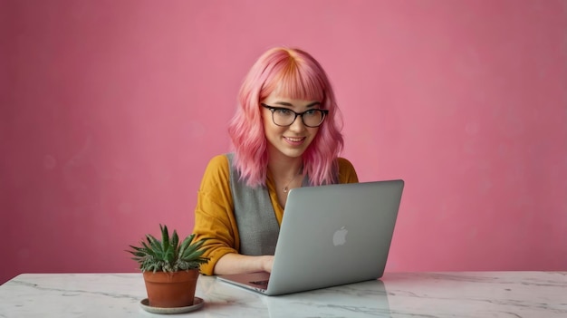 a woman with pink hair is working on a laptop