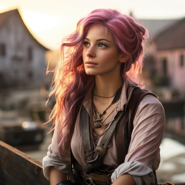 a woman with pink hair looking away