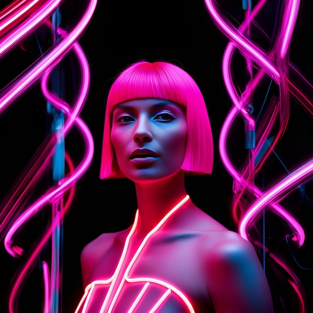 a woman with a pink hair and a neon light behind her