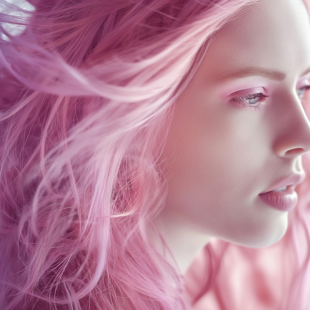 a woman with pink hair and a pink background