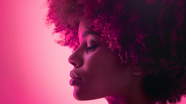 a woman with a pink hair and a pink background