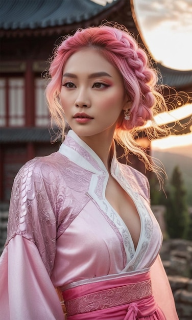 a woman with pink hair and a pink dress with a white lace trim