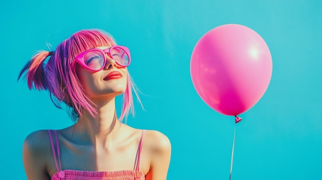 woman with pink hair and pink glasses with pink heart shapes her face woman wearing a striped shirt