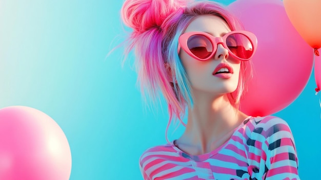 woman with pink hair and pink glasses with pink heart shapes her face woman wearing a striped shirt