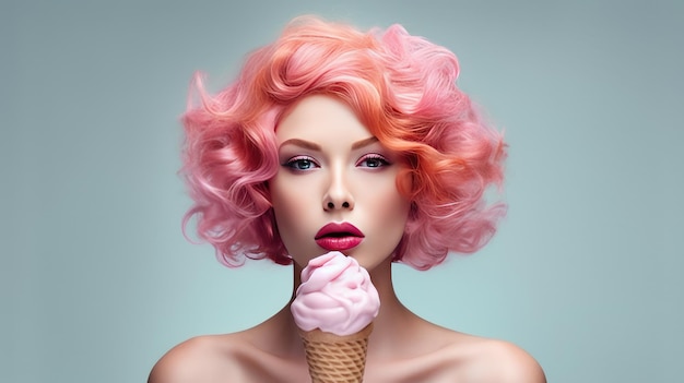 A woman with pink hair and a pink hair is holding a pink ice cream cone.