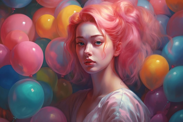 A woman with pink hair and pink hair stands among balloons.