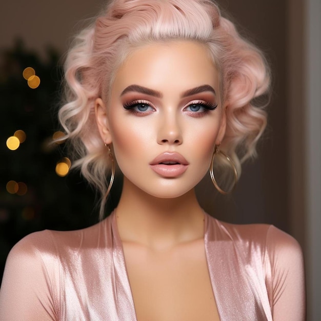 a woman with pink hair and a pink lip is posing for a photo.