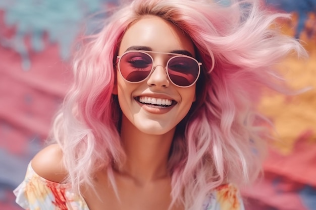 A woman with pink hair and pink sunglasses smiles for the camera.