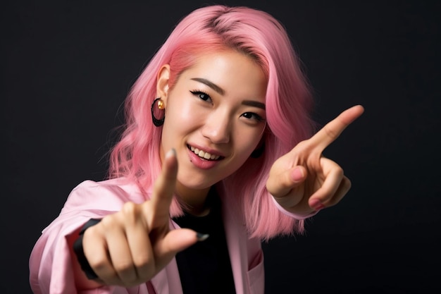 A woman with pink hair points to the camera with her fingers pointing at the camera.