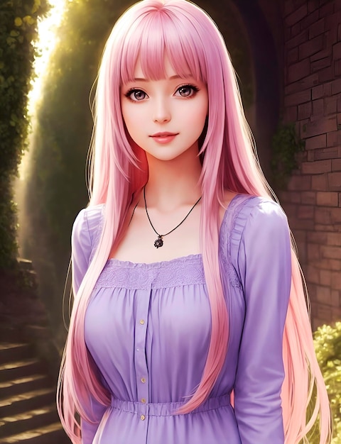 A woman with pink hair and a purple dress is standing in front of a brick wall.