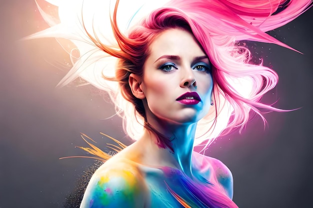 A woman with pink hair and a rainbow colored hair