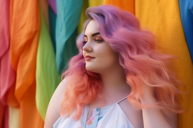 A woman with pink hair and a rainbow flag behind her