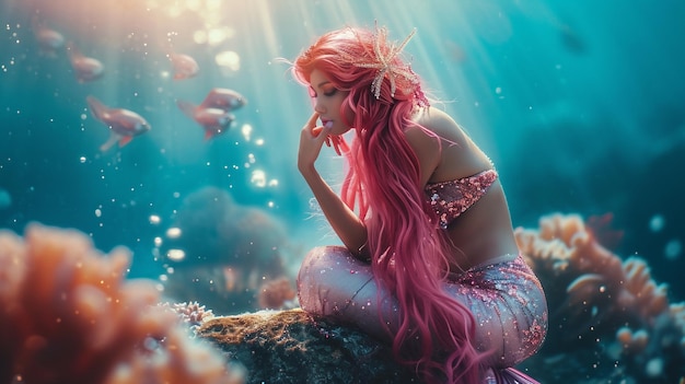 a woman with pink hair sits in an underwater area with the sun shining through her eyes