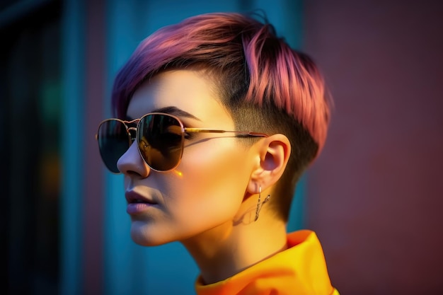 A woman with pink hair and sunglasses on generative AI