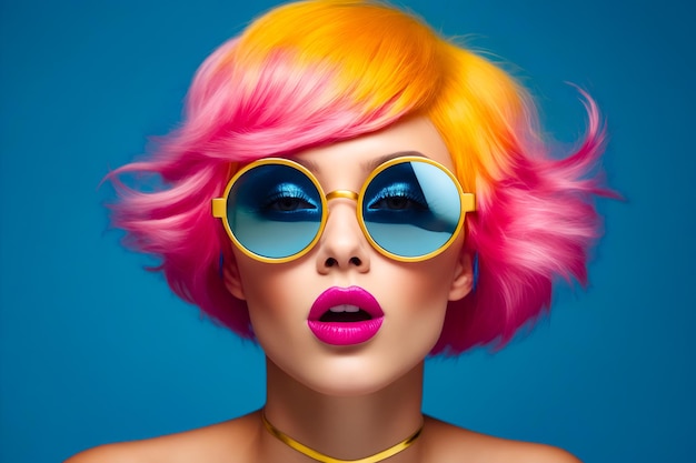 Woman with pink hair and sunglasses on her face Generative AI