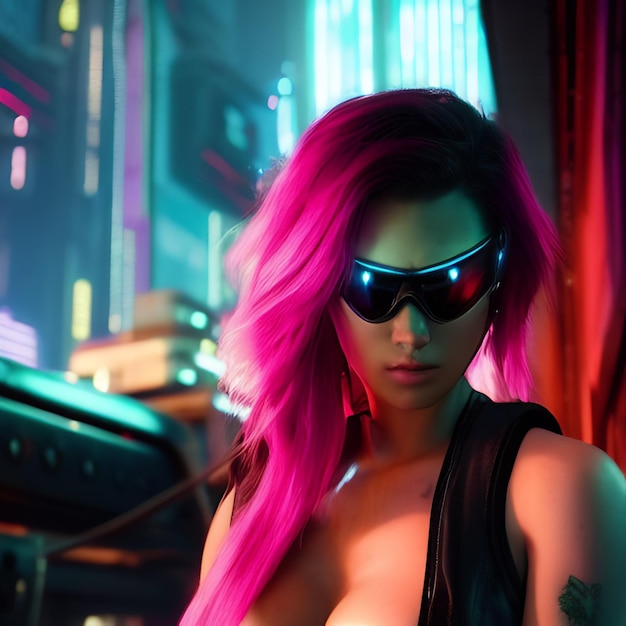 A woman with pink hair and sunglasses is wearing a black top.