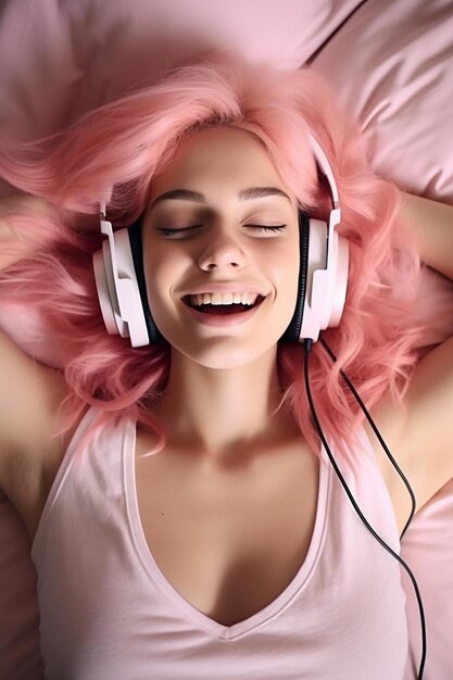 Photo a woman with pink hair wearing headphones and smiling