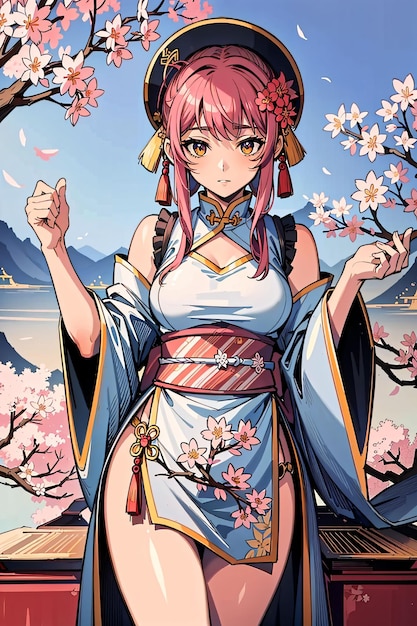 woman with pink hair wearing japanese clothes with sakura tree and mountains behind of her