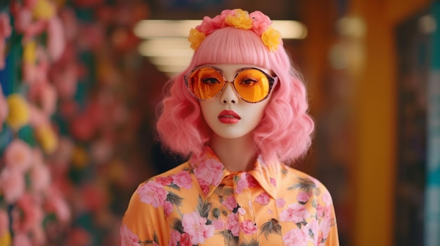 A woman with pink hair wearing sunglasses and a pink dress with a floral pattern.