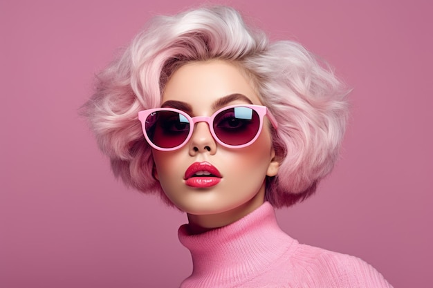 A woman with pink hair wearing sunglasses and a pink sweater.