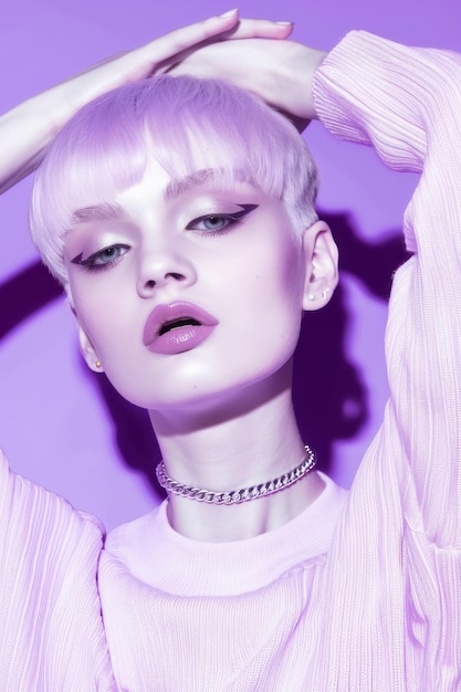 Photo a woman with a pink hair and a white dress is posing in front of a purple background