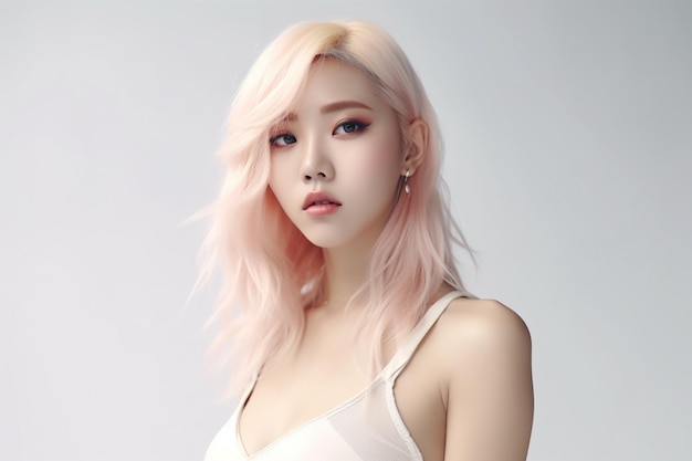 Woman with pink hair and a white tank top stands against a white background