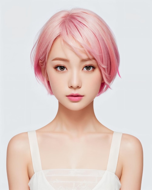 A woman with pink hair and a white tank top