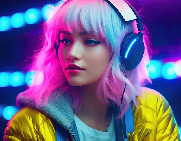 A woman with a pink hairdo and a neon jacket is sitting in front of a neon light.