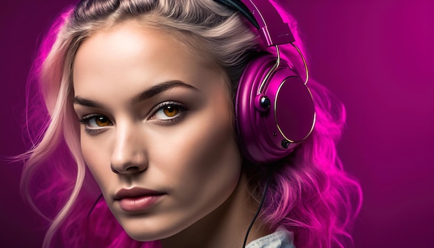 A woman with pink headphones on her head